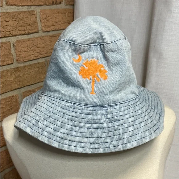 SC Denim Bucket Hat with Orange South Carolina Embroidered Palmetto Tree & moon - Picture 3 of 6